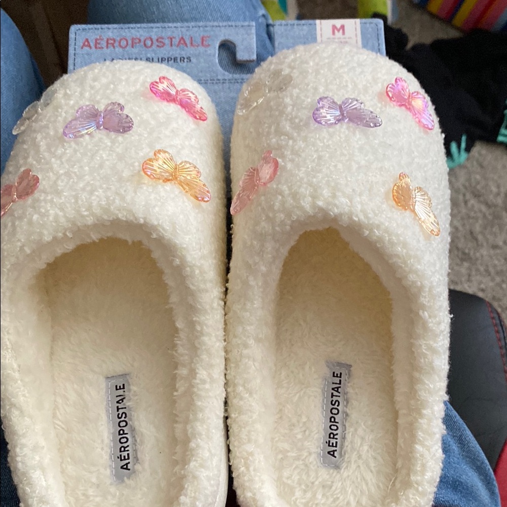 Aeropostale Cream Slippers with Butterfly Accents NEW